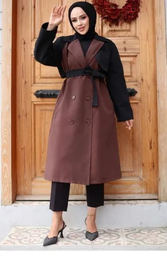 معطف واق من المطر بأكمام مزخرفة بني 4435 556