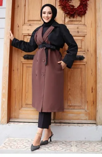 معطف واق من المطر بأكمام مزخرفة بني 4435 556