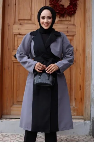 Önü Garnili Trençkot Gri 4434