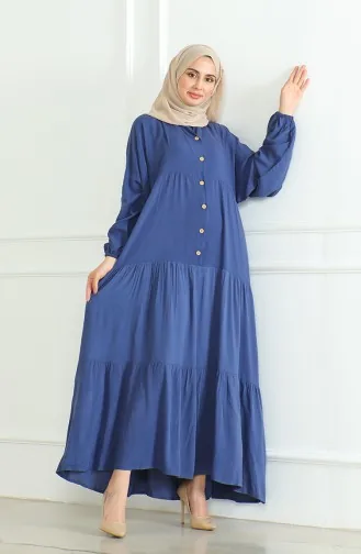 Buttoned Dress With Elastic Sleeves 0463-09 Indigo 0463-09