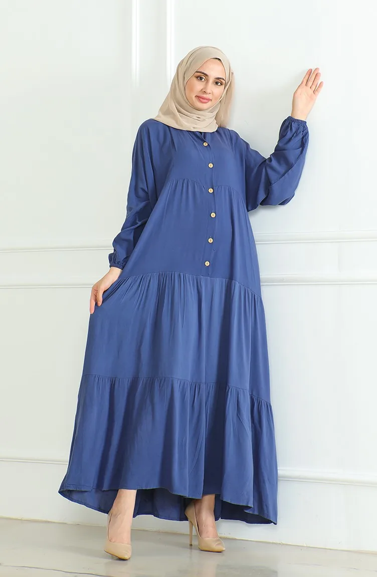 Buttoned Dress With Elastic Sleeves 0463-09 Indigo 0463-09