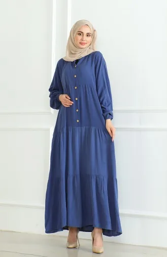 Buttoned Dress With Elastic Sleeves 0463-09 Indigo 0463-09