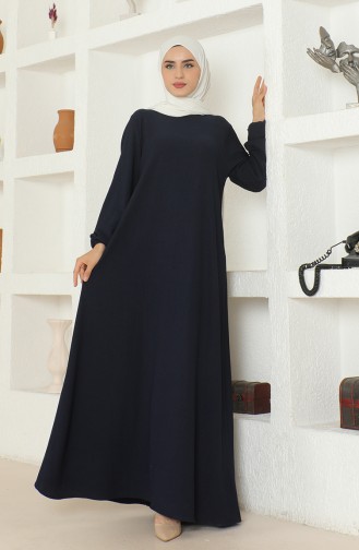 Crepe Fabric Elastic Sleeve Mevlana Dress 1025-02 Navy Blue 1025-02
