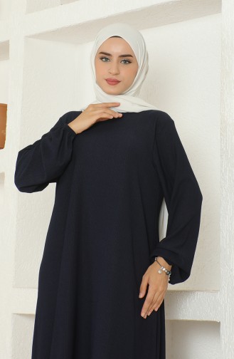 Crepe Fabric Elastic Sleeve Mevlana Dress 1025-02 Navy Blue 1025-02