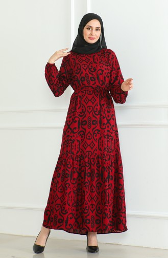 Robe Viscose A Motifs Et Ceinturée 0469-08 Rouge Claret 0469-08