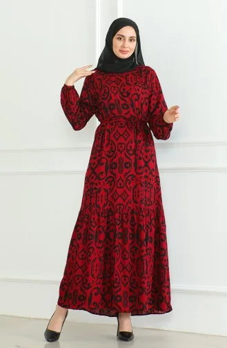 Robe Viscose A Motifs Et Ceinturée 0469-08 Rouge Claret 0469-08