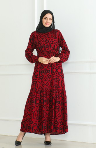 Robe Viscose A Motifs Et Ceinturée 0469-08 Rouge Claret 0469-08