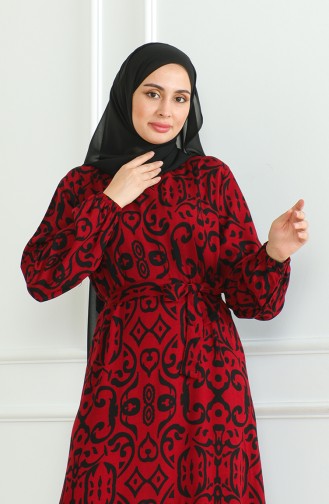 Robe Viscose A Motifs Et Ceinturée 0469-08 Rouge Claret 0469-08