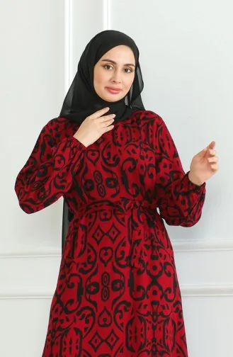 Robe Viscose A Motifs Et Ceinturée 0469-08 Rouge Claret 0469-08