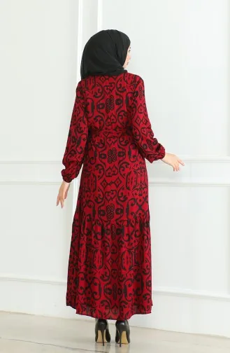 Robe Viscose A Motifs Et Ceinturée 0469-08 Rouge Claret 0469-08