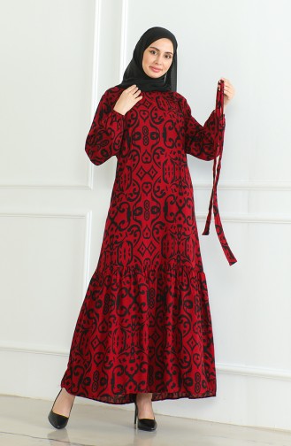 Robe Viscose A Motifs Et Ceinturée 0469-08 Rouge Claret 0469-08