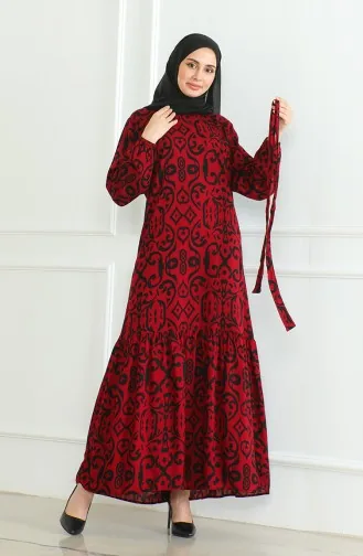 Robe Viscose A Motifs Et Ceinturée 0469-08 Rouge Claret 0469-08