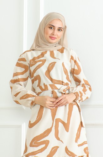 Gemustertes Leinenkleid Mit Gürtel 0471A-08 Beige Taba 0471A-08