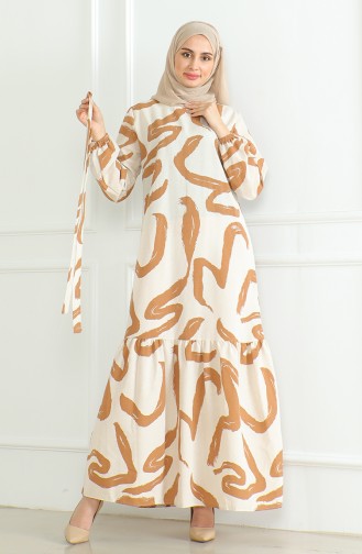 Gemustertes Leinenkleid Mit Gürtel 0471A-08 Beige Taba 0471A-08