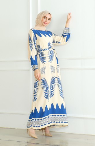 Gemustertes Viskosekleid Mit Gürtel 0492-01 Indigobeige 0492-01