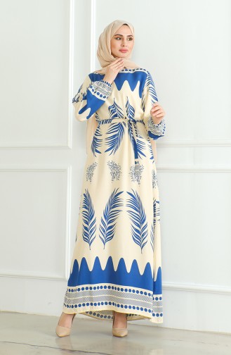 Gemustertes Viskosekleid Mit Gürtel 0492-01 Indigobeige 0492-01