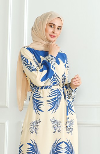 Gemustertes Viskosekleid Mit Gürtel 0492-01 Indigobeige 0492-01