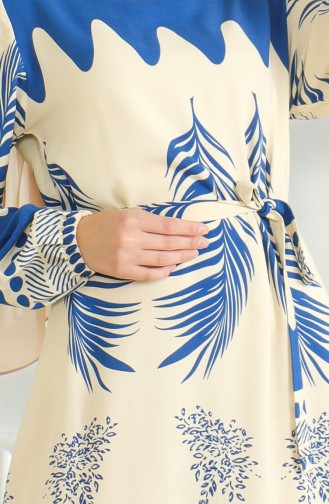 Gemustertes Viskosekleid Mit Gürtel 0492-01 Indigobeige 0492-01