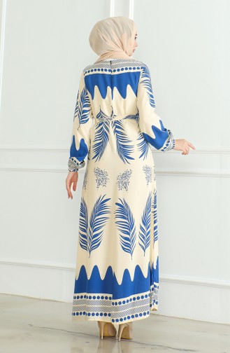 Gemustertes Viskosekleid Mit Gürtel 0492-01 Indigobeige 0492-01
