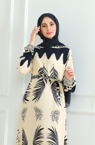Desenli Kuşaklı Viskon Elbise 0492-03 Lacivert Bej