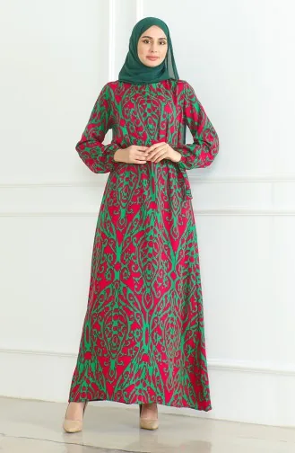 Viscose-jurk Met Patroon En Riem 0495-02 Fuchsia Groen 0495-02