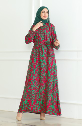 Robe Viscose A Motifs Et Ceinturée 0495-02 Vert Fuchsia 0495-02