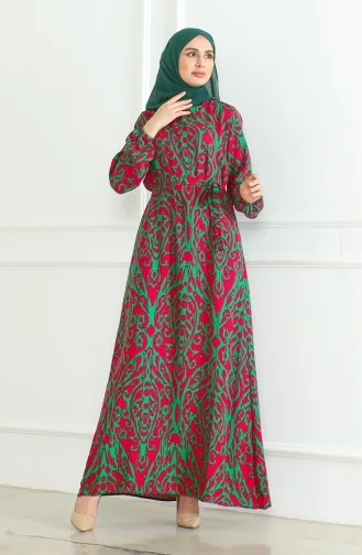 Viscose-jurk Met Patroon En Riem 0495-02 Fuchsia Groen 0495-02