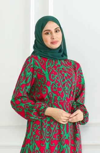 Viscose-jurk Met Patroon En Riem 0495-02 Fuchsia Groen 0495-02