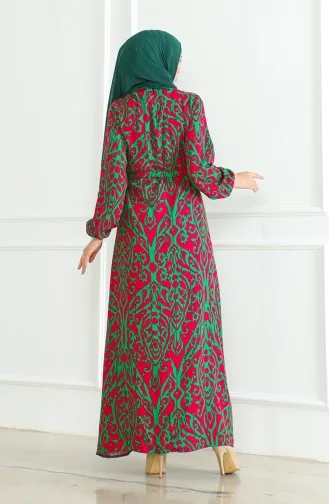 Viscose-jurk Met Patroon En Riem 0495-02 Fuchsia Groen 0495-02