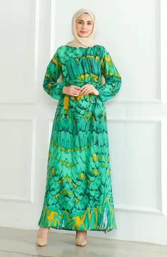 Desenli Kuşaklı Viskon Elbise 0496-01 Zümrüt Yeşili
