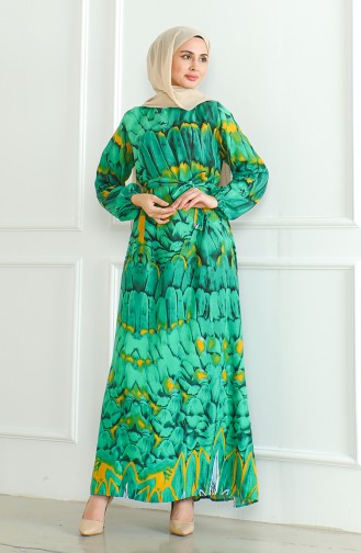 Robe Viscose A Motifs Et Ceinturée 0496-01 Vert Emeraude 0496-01