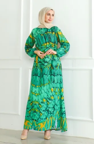 Desenli Kuşaklı Viskon Elbise 0496-01 Zümrüt Yeşili