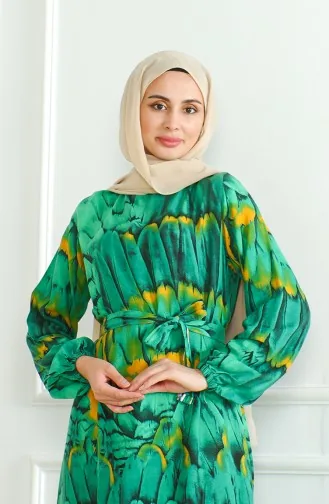 Desenli Kuşaklı Viskon Elbise 0496-01 Zümrüt Yeşili