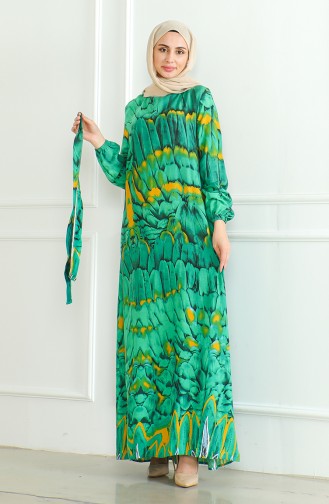 Robe Viscose A Motifs Et Ceinturée 0496-01 Vert Emeraude 0496-01