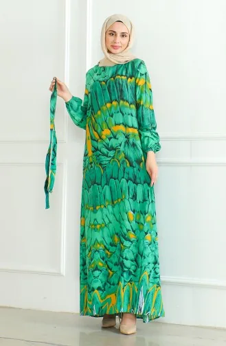 Desenli Kuşaklı Viskon Elbise 0496-01 Zümrüt Yeşili