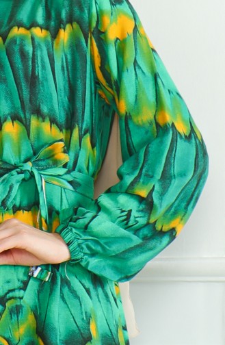 Robe Viscose A Motifs Et Ceinturée 0496-01 Vert Emeraude 0496-01