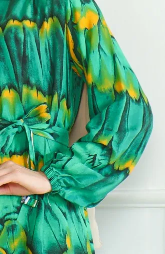 Desenli Kuşaklı Viskon Elbise 0496-01 Zümrüt Yeşili