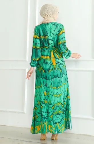 Desenli Kuşaklı Viskon Elbise 0496-01 Zümrüt Yeşili