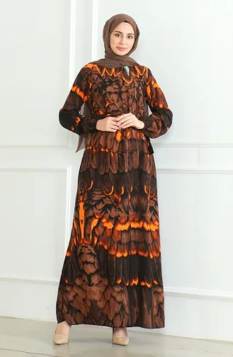 Viscose-jurk Met Patroon En Riem 0496-02 Bruin 0496-02