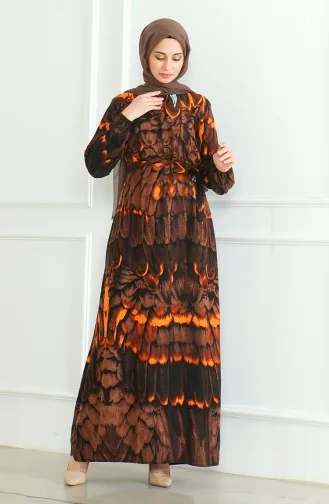 Viscose-jurk Met Patroon En Riem 0496-02 Bruin 0496-02