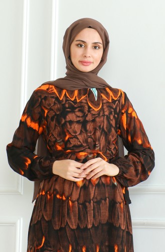 Desenli Kuşaklı Viskon Elbise 0496-02 Kahverengi