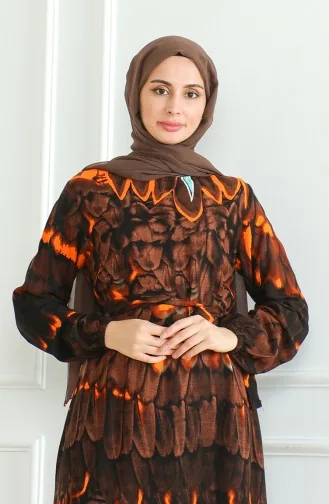 Viscose-jurk Met Patroon En Riem 0496-02 Bruin 0496-02