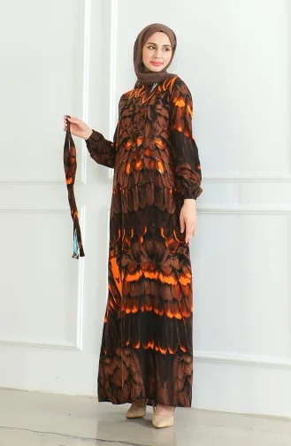 Viscose-jurk Met Patroon En Riem 0496-02 Bruin 0496-02