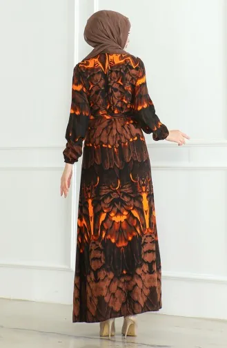 Viscose-jurk Met Patroon En Riem 0496-02 Bruin 0496-02