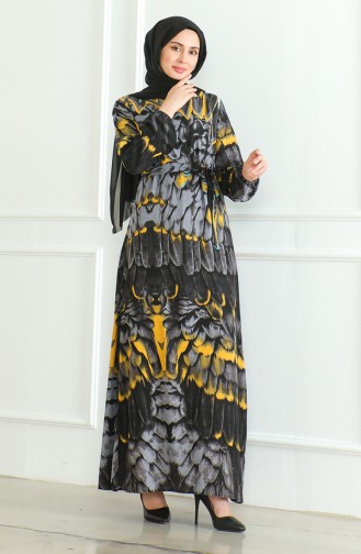 Gemustertes Viskosekleid Mit Gürtel 0496-03 Anthrazit 0496-03