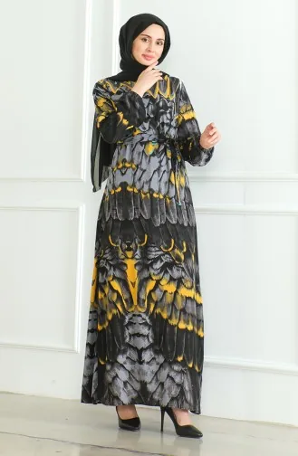 Desenli Kuşaklı Viskon Elbise 0496-03 Antrasit