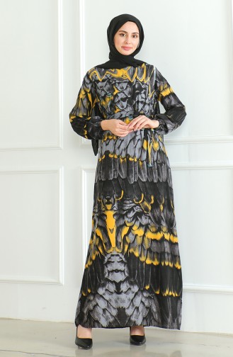 Gemustertes Viskosekleid Mit Gürtel 0496-03 Anthrazit 0496-03