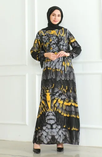 Desenli Kuşaklı Viskon Elbise 0496-03 Antrasit