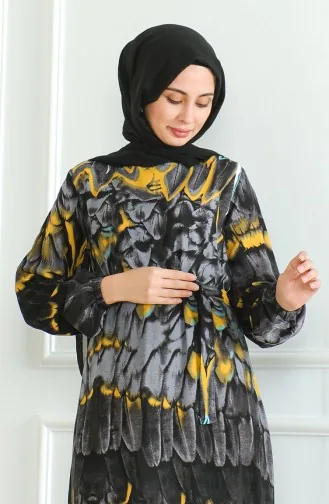 Desenli Kuşaklı Viskon Elbise 0496-03 Antrasit