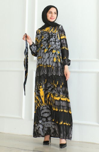 Gemustertes Viskosekleid Mit Gürtel 0496-03 Anthrazit 0496-03
